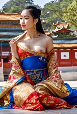 ぶら下がっている金のイヤリング、膣と胸を見せている美しい中国の王女の写真